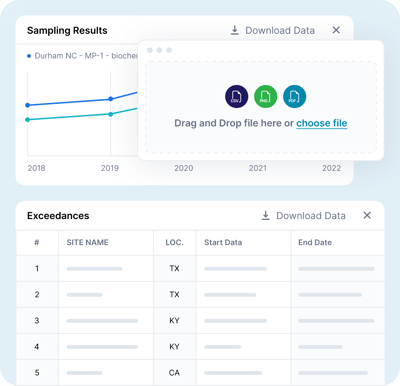 Screenshot of a dashboard with sampling results and a table of exceedances with a modal showing can be downloaded.